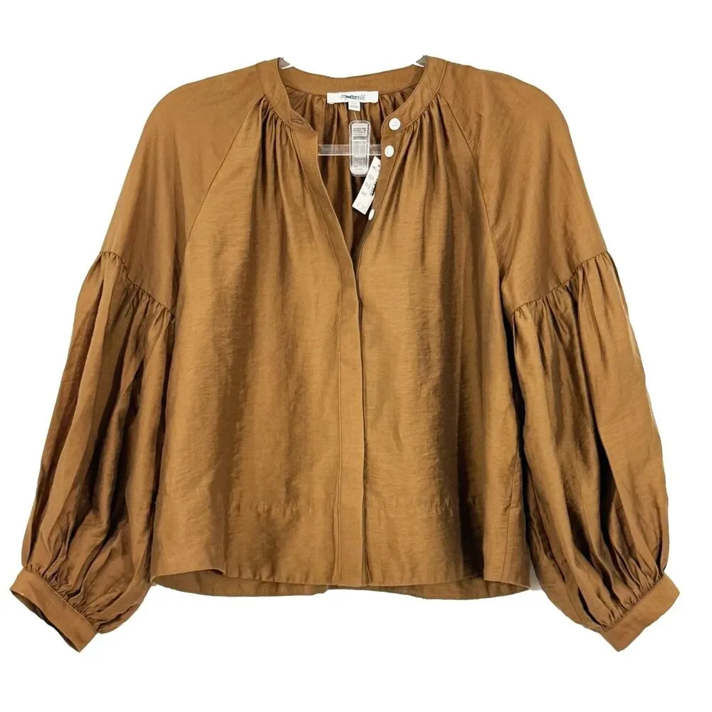 MADEWELL Shirred Balloon-Sleeve Top XXS Pecan Shell Button-Up Blouse NWT B99